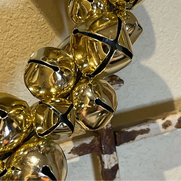 Pottery Barn gold jingle bell wreath with burgundy ribbon 12” - Picture 6 of 7